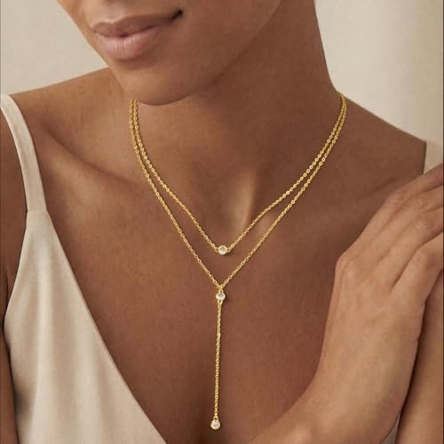 14K Gold Plated Layered Lariat Necklace for Women - Waterproof Non-Tarnish Dainty Gold Chain Necklace, Long Boho Statement Jewelry for Wedding, Prom, Summer Vacation Gifts - color: Layered CZ Y Necklace-Gold