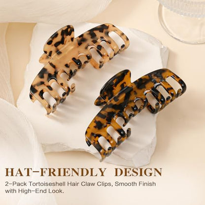 2 Pcs Large Hat Claw Clips for Women, Double Row Teeth Hair Claw Clips | Acetate Tortoise Shell Trucker Hat Hair Clips for Baseball Cap, Fit for Thin Thick Hair Hat Hairstyles,Gifts Hair Accessories