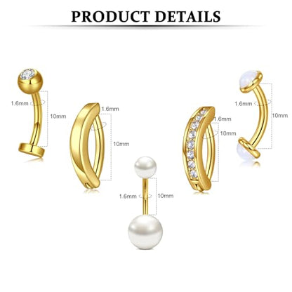 Belly Button Rings Stainless Steel 14G CZ Opal Navel Rings Barbells Women Girls Belly Piercing Jewelry - color: Gold Color-Clicker-Style D: 7PCS