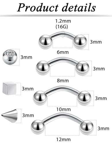 16Pcs Eyebrow Piercing Jewelry 16G Surgical Steel Curved Barbell Vertical Labret Lip Navel Belly Button Tongue Rings Rook Daith Tragus Earring for Women Men Silver Gold Tone 6mm/8mm/10mm/12mm - color: B-Siler