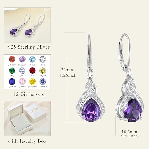 925 Sterling Silver Infinity Teardrop Earrings for Women | Lwsary Dangle Drop Leverback Earrings, Pear Shaped Birthstone Jewelry for Her - color: Purple