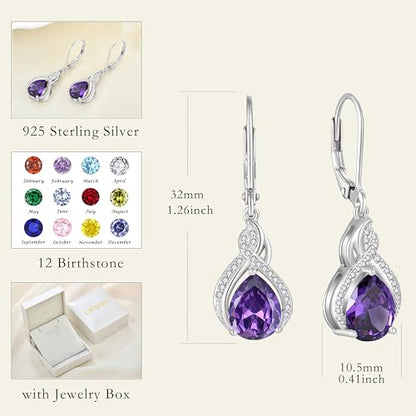 925 Sterling Silver Infinity Teardrop Earrings for Women | Lwsary Dangle Drop Leverback Earrings, Pear Shaped Birthstone Jewelry for Her - color: Purple