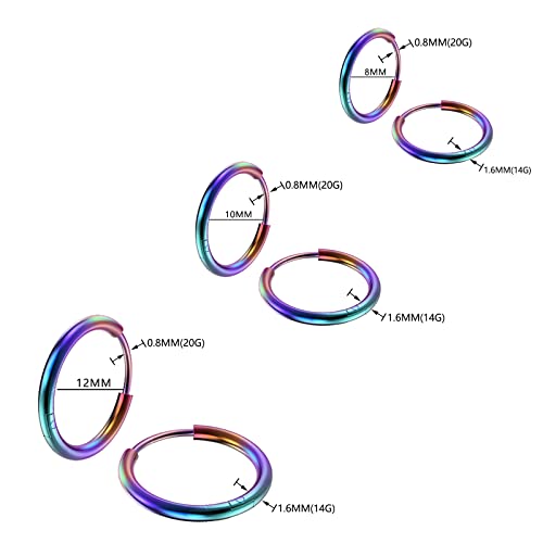 Osayia 316L Surgical Stainless Steel Small Hoop Earrings 8mm 10mm 12mm Hypoallergenic Huggie Thin Hoop Earrings Helix Lobes Hinged Sleeper Earrings Men Women for Cartilage Piercings - color: G: Rainbow (Diameter 8mm/10mm/12mm),3 Pairs