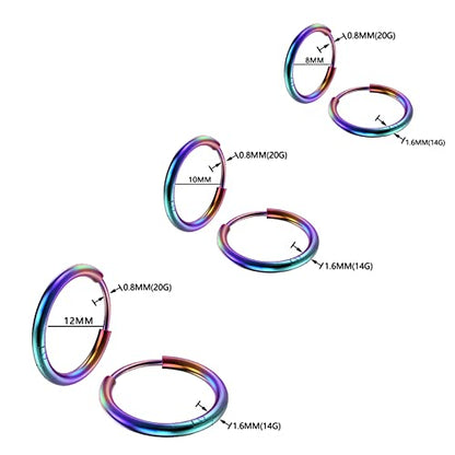 Osayia 316L Surgical Stainless Steel Small Hoop Earrings 8mm 10mm 12mm Hypoallergenic Huggie Thin Hoop Earrings Helix Lobes Hinged Sleeper Earrings Men Women for Cartilage Piercings - color: G: Rainbow (Diameter 8mm/10mm/12mm),3 Pairs