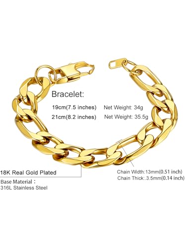 ChainsHouse Figaro Link Chain Bracelet for Men Stainless Steel Jewelry | Black/ Gold Bracelets Men, 6/9/13mm Figaro Cuabn Bracelets 7.5"/8.3", Chunky Hip Hop Wrist Hand Chain Bracelet for Gift - color: b: 13mm-gold