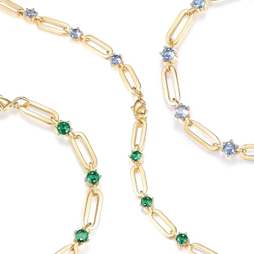 Paperclip Bracelet for Women Couple Bracelets with CZ Chain Strand Jewelry Gift for Girls - color: Style 1-Sapphire-Golden