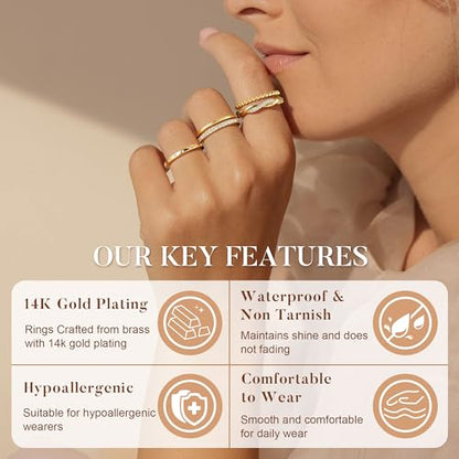 Turandoss Gold Stackable Rings Set for Women Non Tarnish | 14K Gold Plated, Trendy CZ Stackable Engagement Rings Stack, Thin Thumb Wedding Bands Ring Set, Size 6 7 8 9, 5PCS - color: 14K Gold-Plated