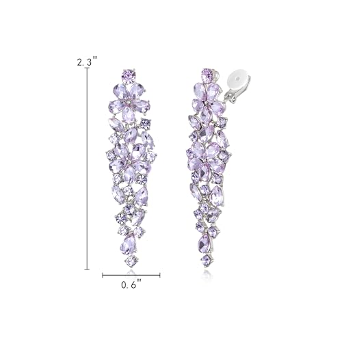 EleQueen Women's Sparkle Statement Clip-On Chandelier Earrings | Marquise Crystals Earrings for Women, Art Deco Prom Jewelry for Wedding Bride Bridesmaid - color: Light Purple Silver-Tone