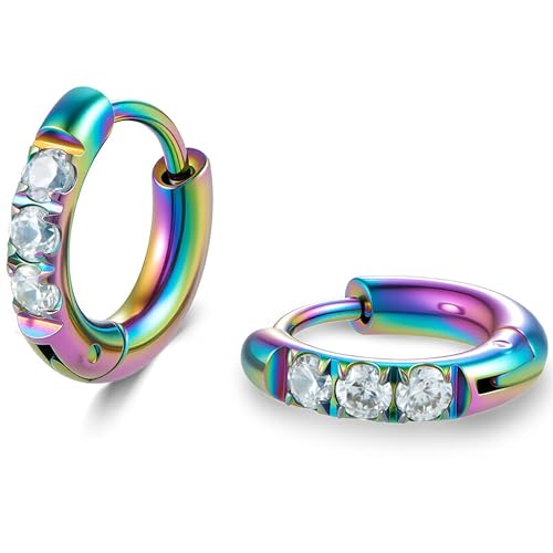 Hypoallergenic Unisex Surgical Steel Small Cubic Zirconia Huggie Hoop Earring, Color Gold - Silver - Rose Gold - Black - Rainbow, Size 6mm- 12mm Safe for Sensitive Ear - style: A0001 : 6MM Rainbow Hoops(2mm thickness)