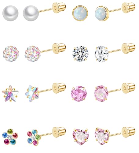 Staligue 8 & 21 Pairs Hypoallergenic Screw Back Earrings for Women – 20G Surgical Steel Flat Back Studs with Heart, CZ, Pearl, Star & Ball Designs | Tiny Cartilage Jewelry Options - color: Gold