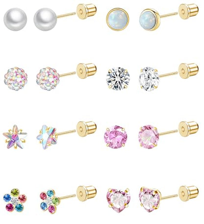 Staligue 8 & 21 Pairs Hypoallergenic Screw Back Earrings for Women – 20G Surgical Steel Flat Back Studs with Heart, CZ, Pearl, Star & Ball Designs | Tiny Cartilage Jewelry Options - color: Gold