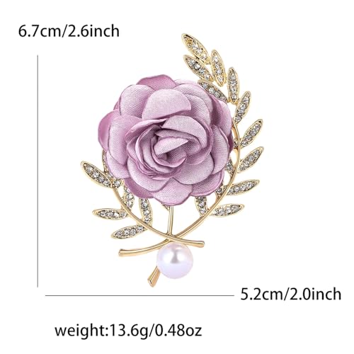 Handmade Elegant Red Rose Flower Brooch Pin for Women Crystal Pearl Fabric Flower Lapel Pin Dress Suit Accessories - color: Purple A