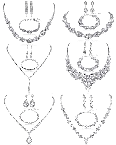 Jexine 6 Sets Silver Jewelry Set for Women Wedding Silver Crystal Rhinestone Necklace Earrings Bracelet for Bride Bridal Bridesmaid - style: Classic