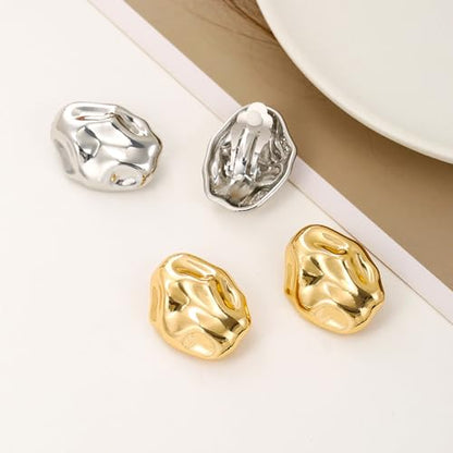 REELMAR Chunky Geometric Clip On Earrings for Women Trendy Gold-Plated Thick Hammered Rectangle Dupes Earrings Minimalist Statement Earrings No Piercing Clips - color: Irregular-Gold