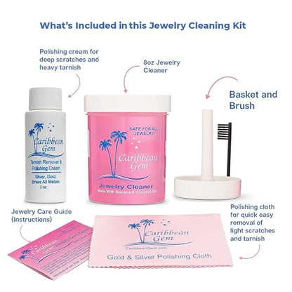 All Purpose Jewelry Cleaner Kit w/8oz Cleaning Solution & Polishing Cream, Basket & Brush - Jewelry Cleaner Kit for Gold, Silver, Diamonds, Rings, Gems & Precious Stones - style: Tarnish Removing Kit