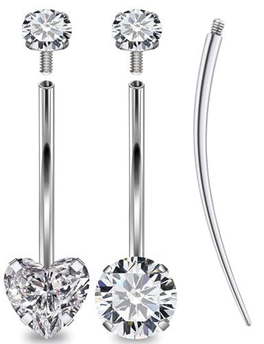 Oufksiyy Long and Extra Long Bar Belly Button Ring Internal Thread Hypoallergenic Surgical Stainless Steel 14mm 16mm 14 Gauge Navel Rings Cubic Zirconia Buuton Body Piercing Jewelry for Women Men - color: 16MM Round/Heart-shaped CZ Belly Button Ring