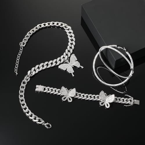 3 Pcs Butterfly Cuban Jewelry Set Cuban Link Chain Necklace for Women Rhinestone Pendant Necklace Bracelet Large Hoop - color: Silver, style: Fashion