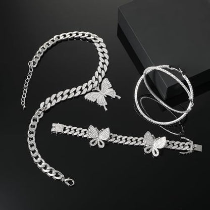 3 Pcs Butterfly Cuban Jewelry Set Cuban Link Chain Necklace for Women Rhinestone Pendant Necklace Bracelet Large Hoop - color: Silver, style: Fashion