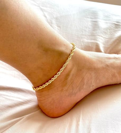 Gold Stainless Steel Anklet Chain for Women Adjustable Ankle Bracelet Fashionable Simple Design, Round mold chain - color: Gold+ Twist chain, size: 22+3cm