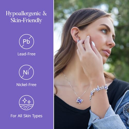 Butterfly Necklace, Birthstone Crystal, for Women, Silver Tone Pendant Jewelry, Anniversary Birthday Gift for Her, Wife & Mom, 18"+2" - color: 02b-February Birthstone - Tanzanite Purple Crystal