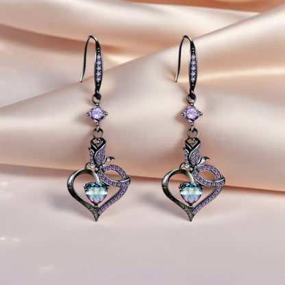 VOLUKA Created Opal/Amethyst/Mystic Topaz Pendant Necklace for Women,18K White/Rose Gold Plated Chain Wedding Engagement Jewelry Gift - color: N-Black Heart Jewelry Set