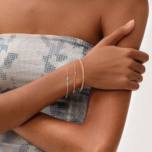 MEVECCO Dainty Chain Bracelets for Women, Layered and Charm Styles | 14K Gold Plated Brass, Select Cubic Zirconia Accents, Single and Multi-Row Structures for Refined Everyday Wristwear - style: Evil Eye Turquoise Bead