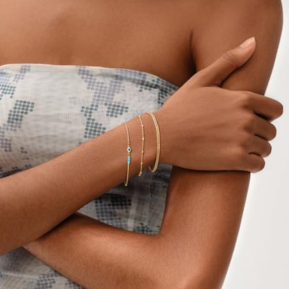 MEVECCO Dainty Chain Bracelets for Women, Layered and Charm Styles | 14K Gold Plated Brass, Select Cubic Zirconia Accents, Single and Multi-Row Structures for Refined Everyday Wristwear - style: Evil Eye Turquoise Bead