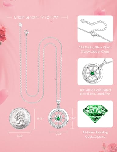 Meeshi Silver Compass Necklace for Women Birthday Gifts for Wife Anniversary Necklace for Women Rose Flower Birthstone Necklaces for Wife Jewelry for Womens Girlfriend Mom Daughter - style: 05-May-Emerald