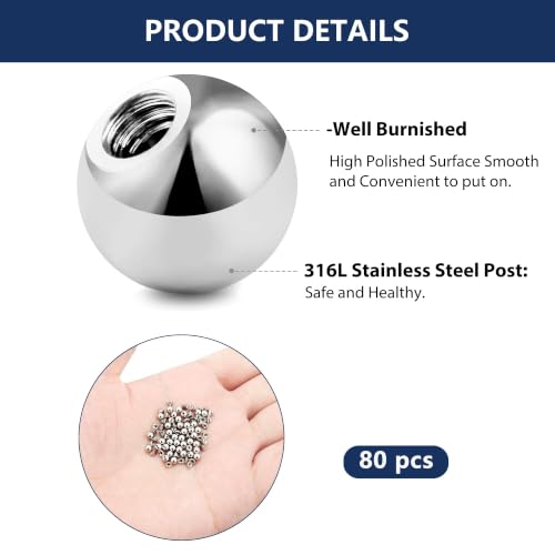 80pcs 16G/14G 316L Surgical Steel Piercing Balls Spikes for Externally Threaded Piercing Jewelry Men Women Piercing Barbell Parts for Eyebrow Nose Ear Lip Tongue Nipple Navel Belly Body Jewelry - size: 14G-5mm