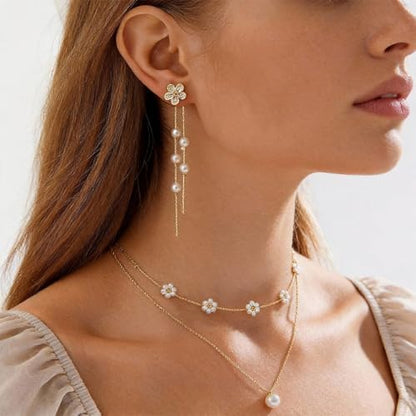 Wedding Jewelry Sets for Brides Bridesmaid Pearl Jewelry Set Fancy Gold Flower Necklace and Earrings Simple Pearl Necklace for Women Bridal Earrings Wedding Accessories Essentials Gifts - color: A2:flower necklace earrings set