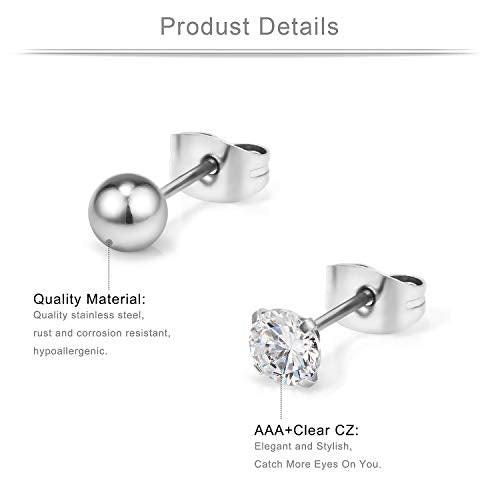 20G Mix Color Stainless Steel Ball Clear CZ Stud Earrings for Men Women Round 3-8mm 6-12Pairs - style: 12Pairs - 6mm