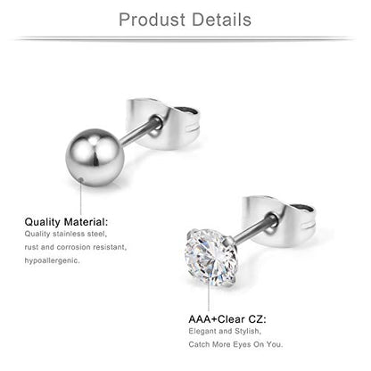 20G Mix Color Stainless Steel Ball Clear CZ Stud Earrings for Men Women Round 3-8mm 6-12Pairs - style: 12Pairs - 6mm