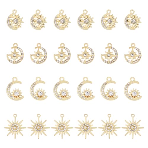 DICOSMETIC 24Pcs 4 Styles Alloy Sun Moon Star Charms Rhinestone Crystal Sun Charms Golden Celestial Charm for Jewelry Making Bracelets Necklace, Hole: 1.4-1.8mm