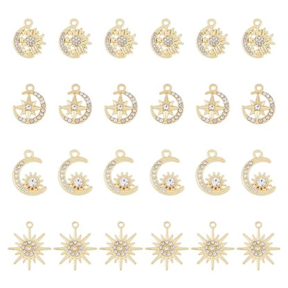 DICOSMETIC 24Pcs 4 Styles Alloy Sun Moon Star Charms Rhinestone Crystal Sun Charms Golden Celestial Charm for Jewelry Making Bracelets Necklace, Hole: 1.4-1.8mm