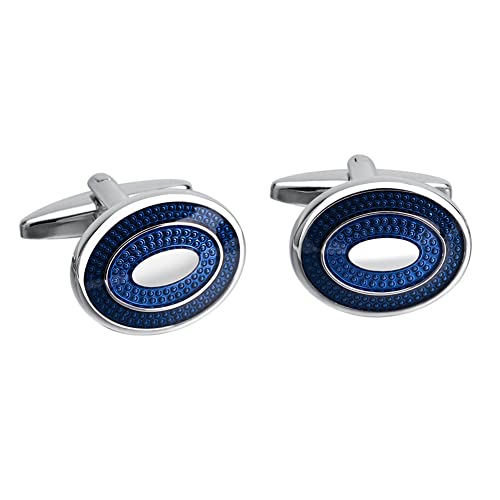 Fomissky Oval Navy Blue Cufflinks for Men Silver Plated, Personalized Men's Cuff Links Groom Wedding Gifts Tuxedo Business Shirt Accessories