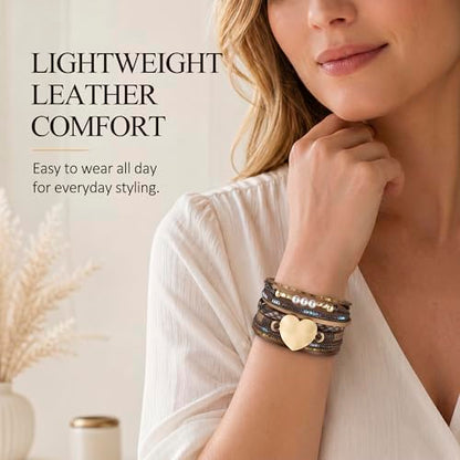 Edoneery Leather Wrap Bracelets for Women, Boho Layered Cuff Bangle | Multi-layer Leather Cuff, Daily wear, Stackable Bangle, Easy on-off, Western Jewelry Gifts for Women - color: Brown-1
