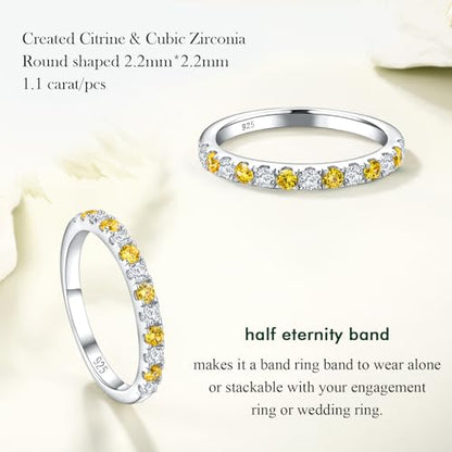 Birthstone Rings Eternity Band 925 Sterling Silver/Yellow Gold-Plated Created Gemstone Stackable Wedding Band 2.7mm Thin Half Eternity Rings for Women Size 6 to 10 - color: 11-Citrine-Nov.