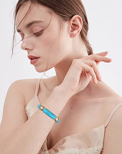 LALAPPLE Gold Plated Beaded Acrylic Bamboo Tube Bangle Bracelets for Women, Colorful Chunky Curved Tube With Gold Plated Pieces Beads Stretch Bracelet Friendship Summer Beach Jewelry - color: N-Blue