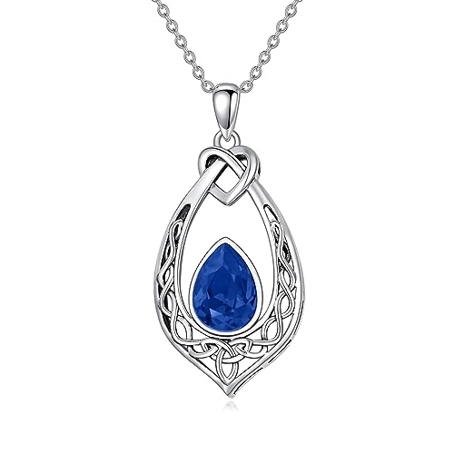 AOBOCO Celtic Knot Necklace 925 Sterling Silver Oxidized Vintage Love Knot Pendant Necklace with Simulated Birthstone Crystal, Birthday Christmas Jewellery Gifts for Women - color: Sapphire Blue