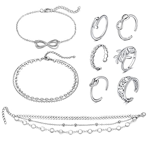 JFORYOU Toe Rings for Women Adjustable Open Toe Rings with Anklet Set CZ Flower Toes Ring for Summer Beach Foot Jewelry - color: 9 Pcs Silver Set