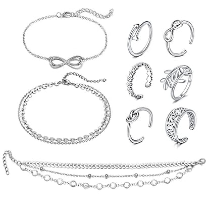 JFORYOU Toe Rings for Women Adjustable Open Toe Rings with Anklet Set CZ Flower Toes Ring for Summer Beach Foot Jewelry - color: 9 Pcs Silver Set