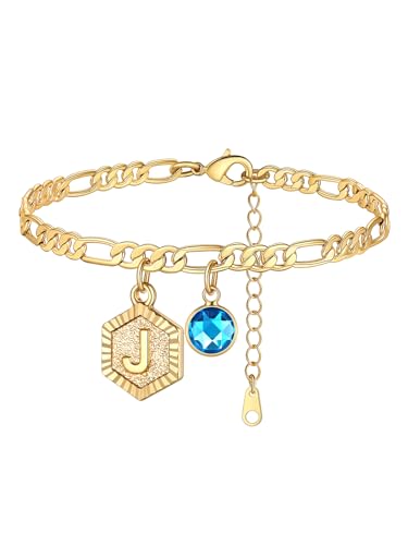Custom4U Personalized Initial Ankle Bracelets for Women 14K Gold Plated Dainty CZ Birthstone Hexagon Letter Initial Anklets for Women Adjustable Silver/Gold Foot Chain Summer Beach Jewelry Gifts - color: Gold Hexagon-I