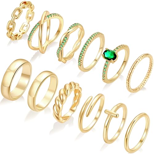 FAXHION 12 PCS Dainty 14K Gold Rings for Women, Eternity Open Chunky Twist Simulated Diamond Criss Cross Designs, Non Tarnish Gold Plated Stacking Thumb Ring, Perfect for Wedding Bands Size 5-11 - color: green