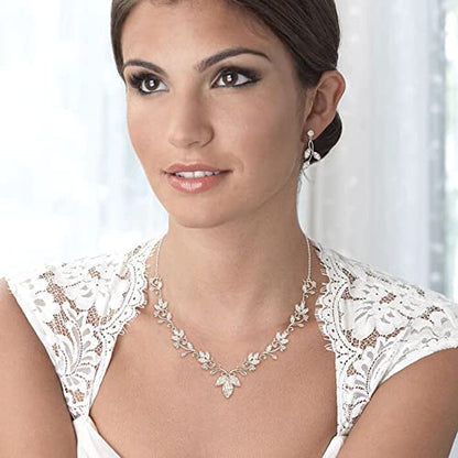 Wedding Jewelry Set for Women CZ Teardrop Flower Leaf Filigree Necklace Earrings Party Prom Accessories - color: Silver-tone