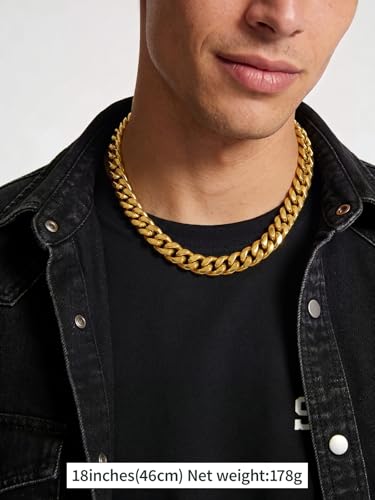 FindChic Cuban Link Chain Necklace for Women Men, Silver/Gold Plated Stainless Steel Solid Miami Curb Chain Hip Hop Punk Statement Jewelry, 5/12/14mm Width, 16/18/20 Inch Length, with Gift Box - color: 04. 12mm-Gold, size: 18inches