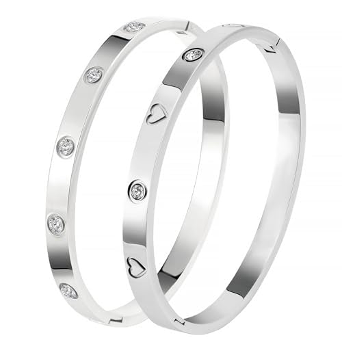 Camhanno Gold Bangles for Women - Stainless Steel Love & Friendship Bracelet Set with Gift Box | Daily Wear & Party Jewelry - color: 2Pcs Silver Set Style 4