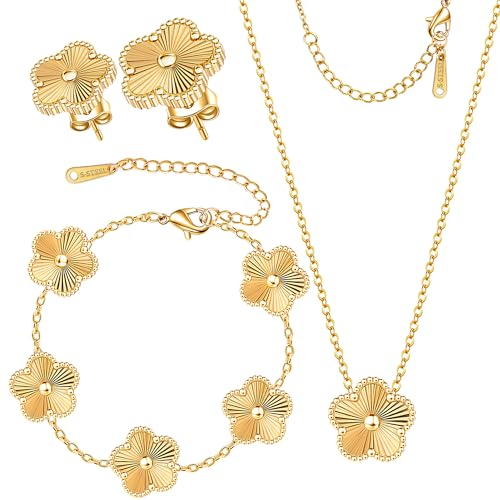 Clover Jewelry Set 3 PC - 18K Gold Plated Stainless Steel Y Necklace Four Leaf Pendant, Clover Link Bracelet Charm, Flower Earrings, Hypoallergenic Non-Tarnish,Simple Luxury Lucky Gifts for Women - color: Gold