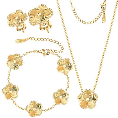 Clover Jewelry Set 3 PC - 18K Gold Plated Stainless Steel Y Necklace Four Leaf Pendant, Clover Link Bracelet Charm, Flower Earrings, Hypoallergenic Non-Tarnish,Simple Luxury Lucky Gifts for Women - color: Gold