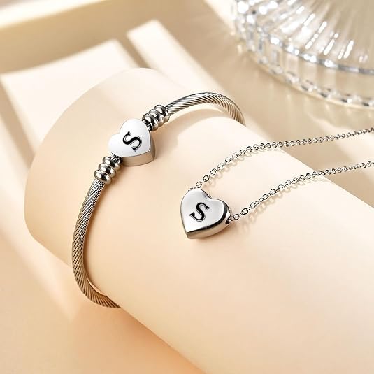 MYNENEY Necklace and Bracelet for Women Stainless Steel Initial Jewelry Set - color: Silver-S