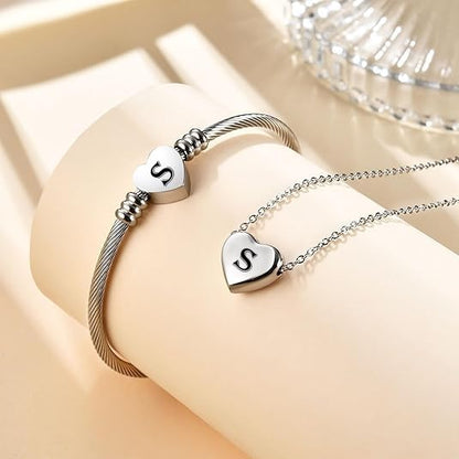MYNENEY Necklace and Bracelet for Women Stainless Steel Initial Jewelry Set - color: Silver-S